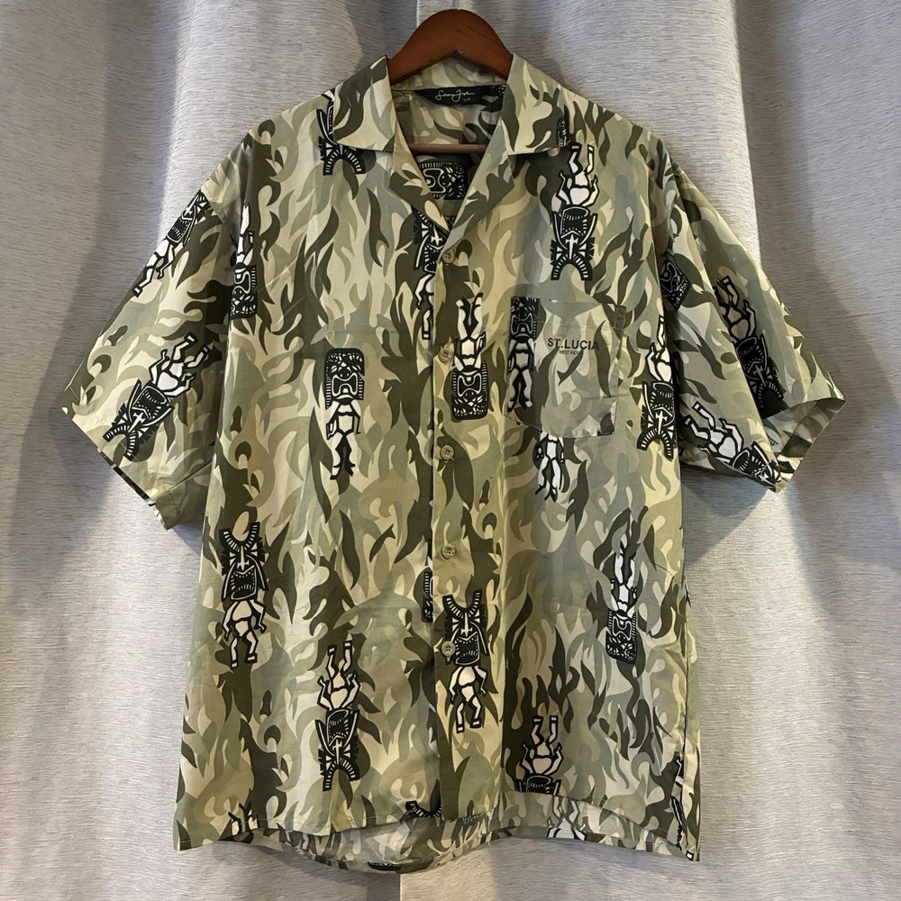 Sean John Y2K St. Lucia Tiki Hawaiian Button Up Size Large
